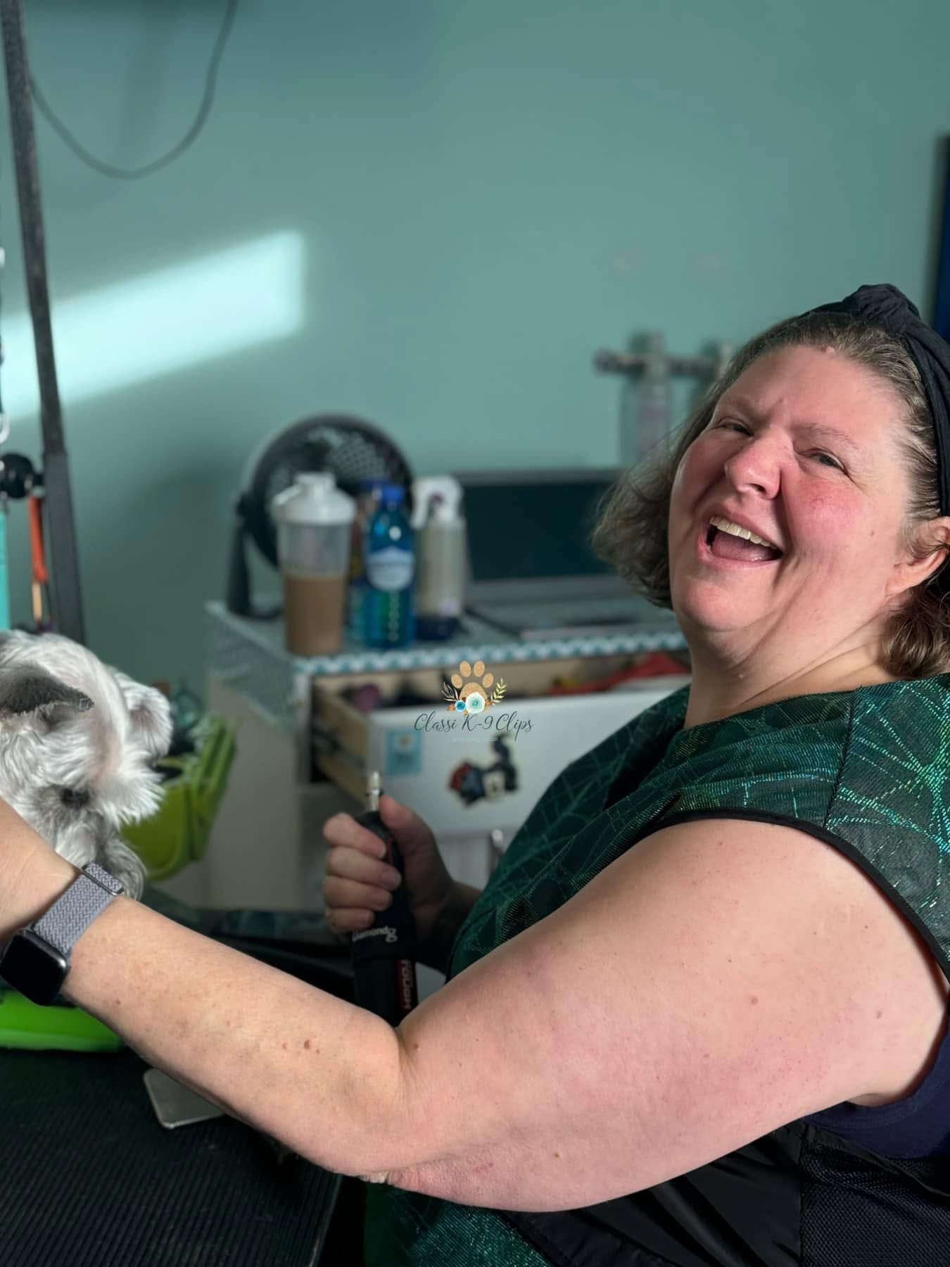 Veterinarian using scissors to trim a small black dog’s fur close up