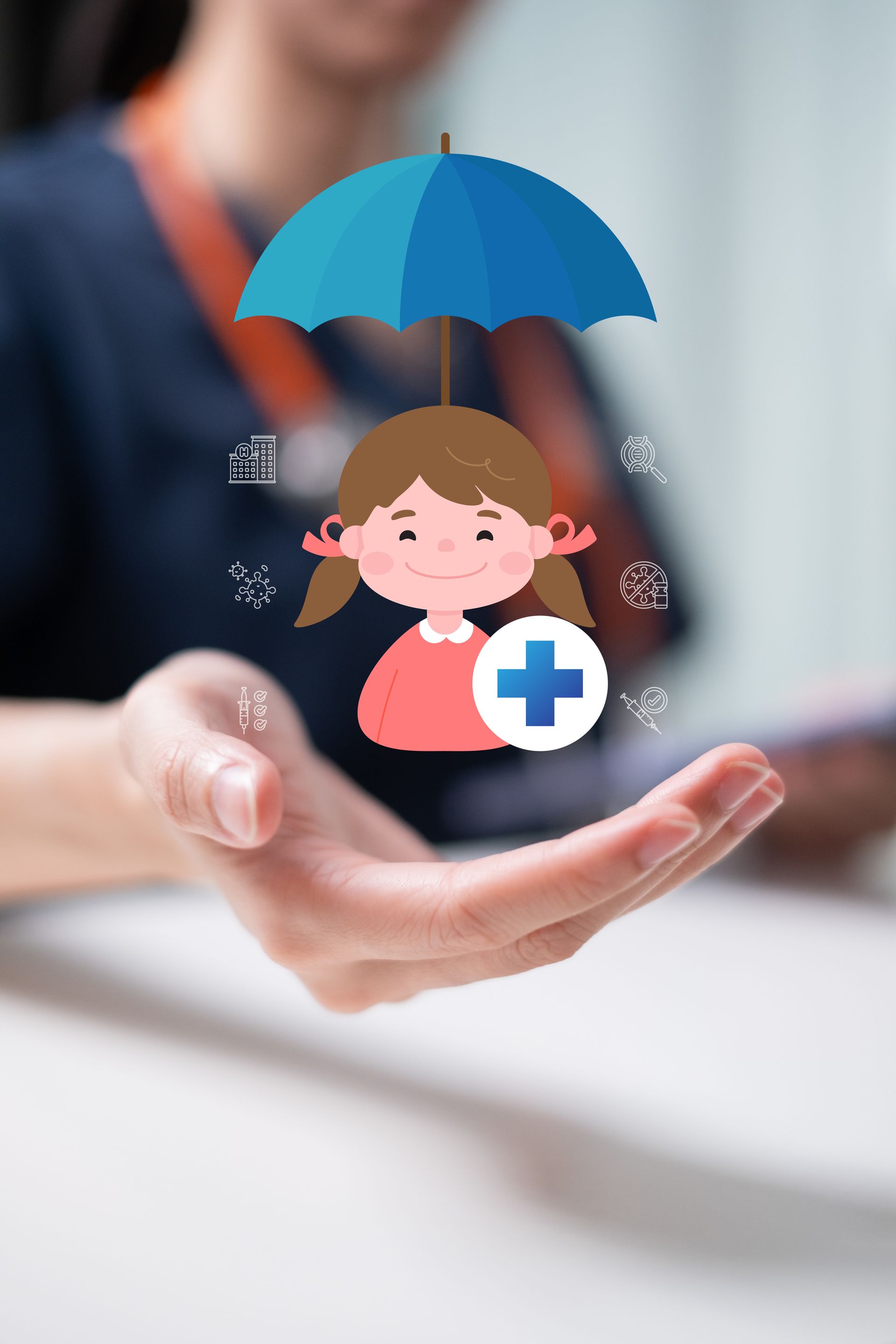 Hand holding an icon of a child under an umbrella with a medical cross, symbolizing child health protection
