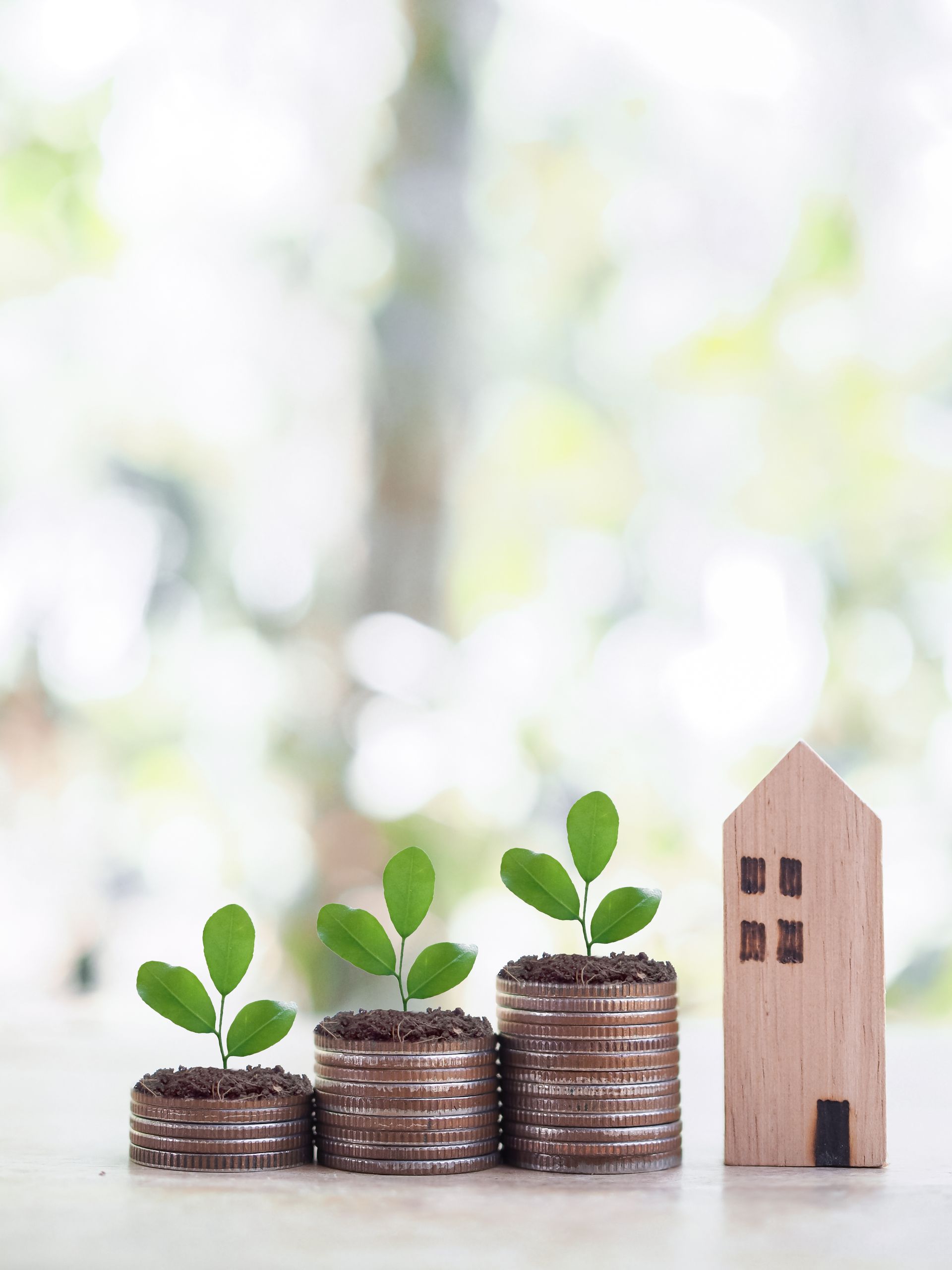 Coins stacked with small green plants beside a wooden house model on a blurred bright background