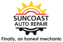 Suncoast Auto Repair logo with sun and gear, tagline: &ldquo;Finally, an honest mechanic&rdquo;
