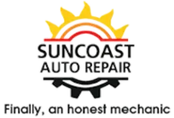 Suncoast Auto Repair logo with sun and gear, tagline: “Finally, an honest mechanic”