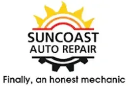 Suncoast Auto Repair logo with sun, red arc, black text, and tagline “Finally, an honest mechanic”
