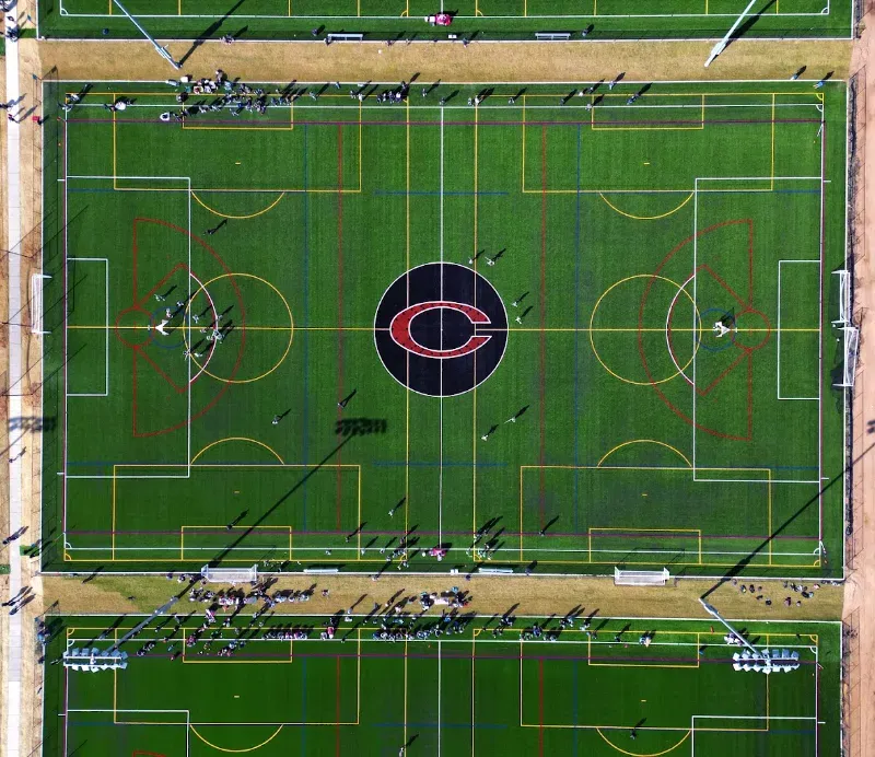 An aerial view of Coppermine Soccer Club's CopperPlex a large soccer field.