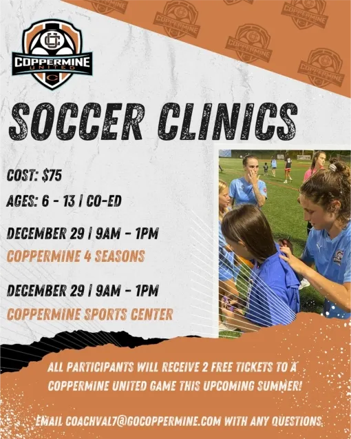 an advertisement for holiday soccer clinics at the coppermine sports center