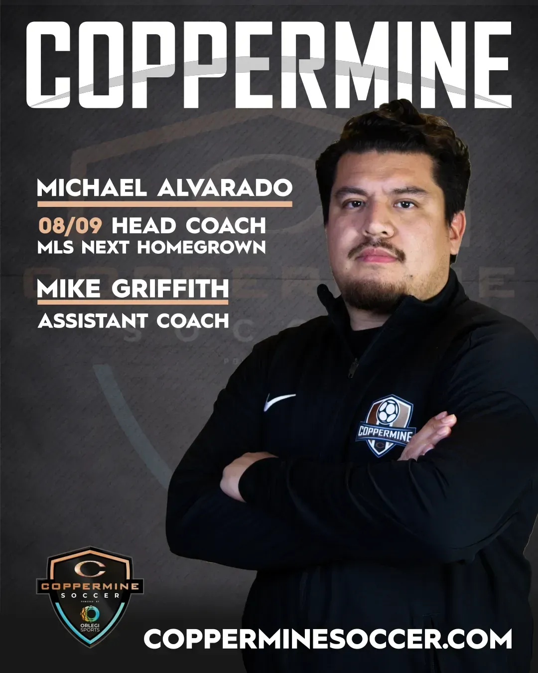 A Coppermine soccer recruitment flyer featuring coach Michael Alvarado with contact information and team details.