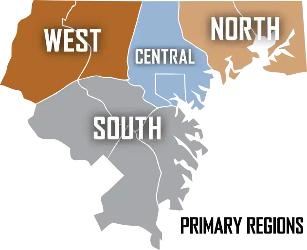 Map of four primary regions—West, Central, North, and South—labeled in colored sections on a stylized geographic area.