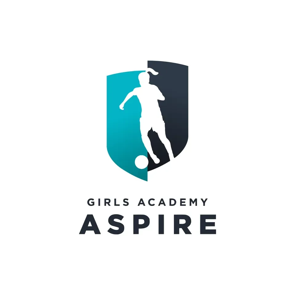 A logo for a girls academy aspire with a soccer player on a shield.