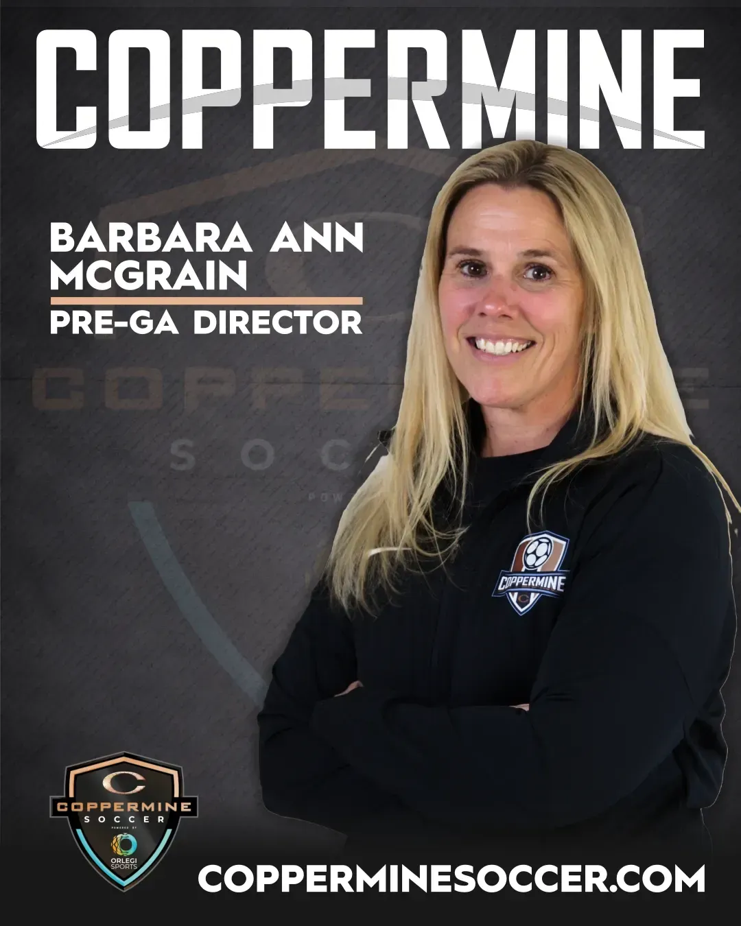 Barbara Ann McGrain, pre-GA director, in black jacket on Copperminesoccer.com promo graphic