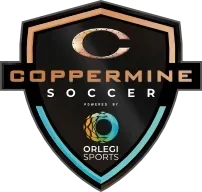 A shield-shaped Coppermine Soccer logo in black, copper, and teal, featuring the Orlegi Sports branding at the bottom.