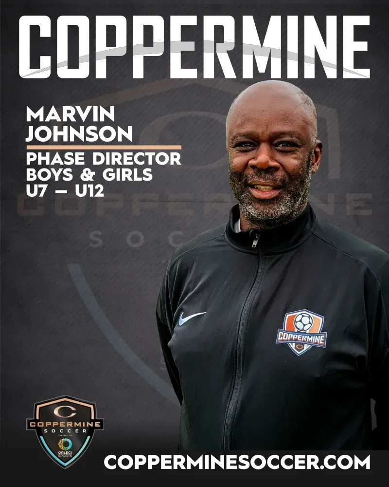 Coppermine Soccer poster for Marvin Johnson, phase director for boys and girls U7–U12, on a dark background.