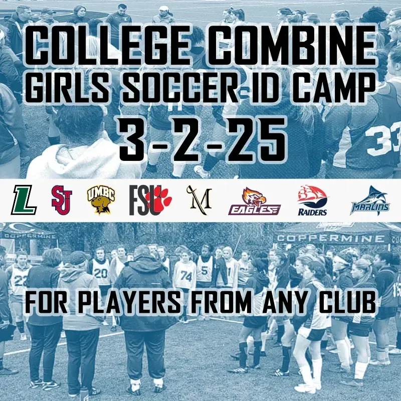 A group of youth women soccer players and college logos for a college id camp hosted by Coppermine Soccer Club