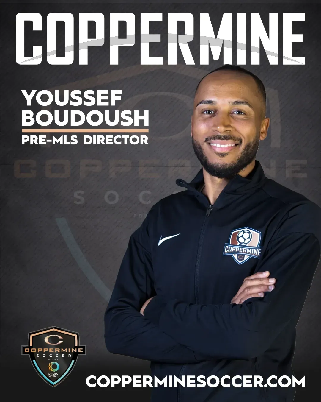 Coppermine Soccer promo featuring Youssef Boudoush, pre-MLS director, in black team attire.
