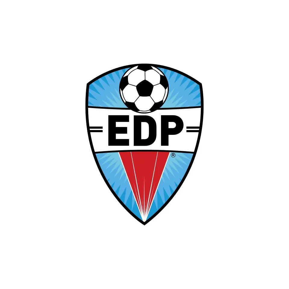 A blue and red shield with a soccer ball and the word edp on it.