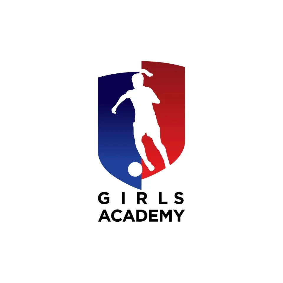 A logo for a girls academy with a soccer player on a shield.