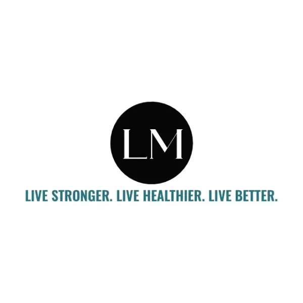 Black circle with white "LM" in it. Below, teal text reads: "Live stronger. Live healthier. Live better."