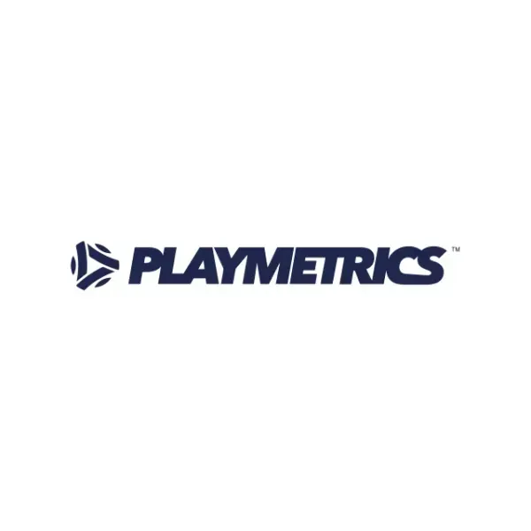 Logo for PlayMetrics, featuring a dark blue triangular design and text.