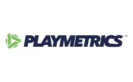 PlayMetrics Logo The playmetrics logo is blue and green on a white background.