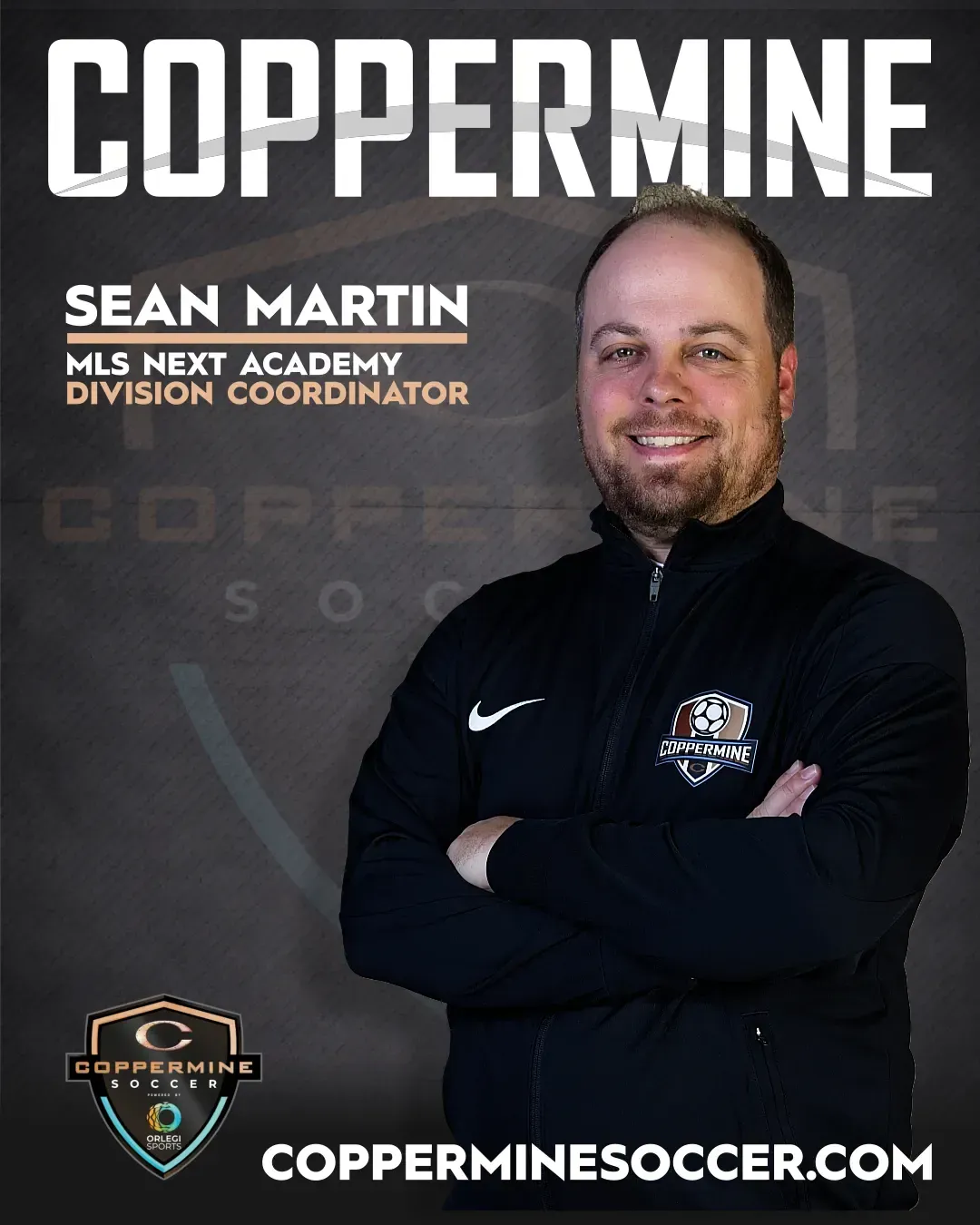 Coppermine Soccer promo featuring Sean Martin, MLS Next Academy division coordinator, standing in black apparel.