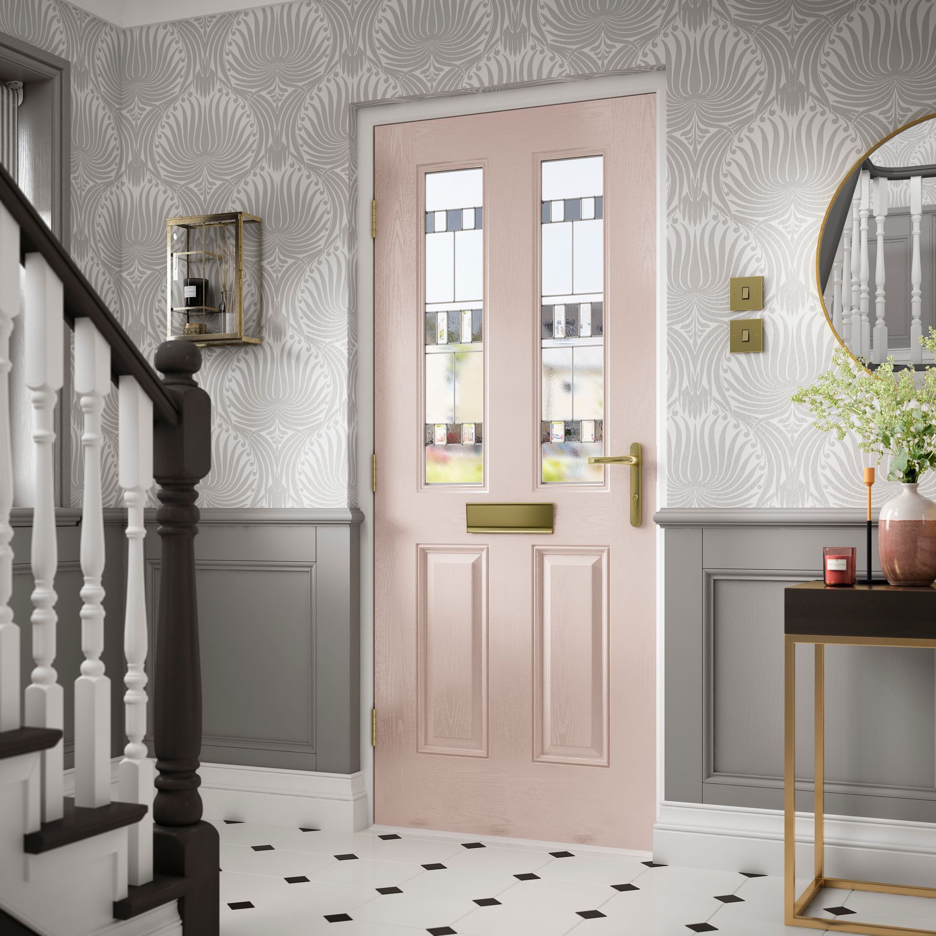 Modern composite front door with glass panels