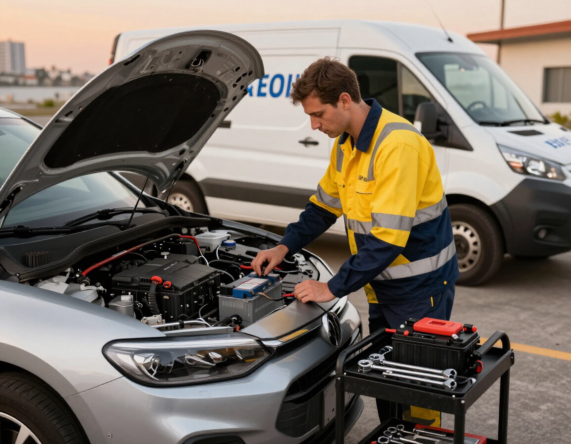 Técnico instalando una batería automotriz a domicilio en Monterrey