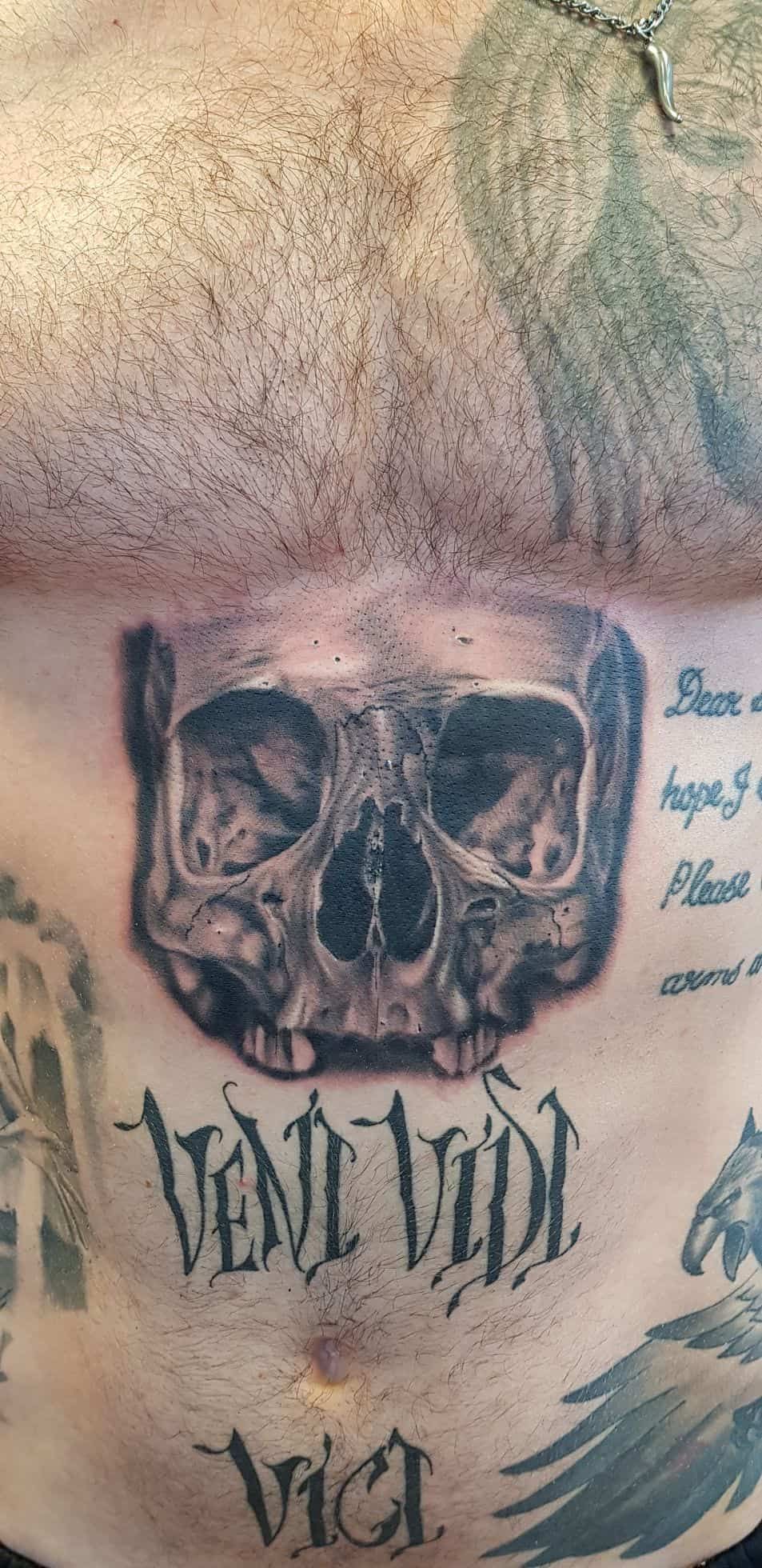 A detailed black-and-grey skull tattoo centered on a torso, with the Latin text 