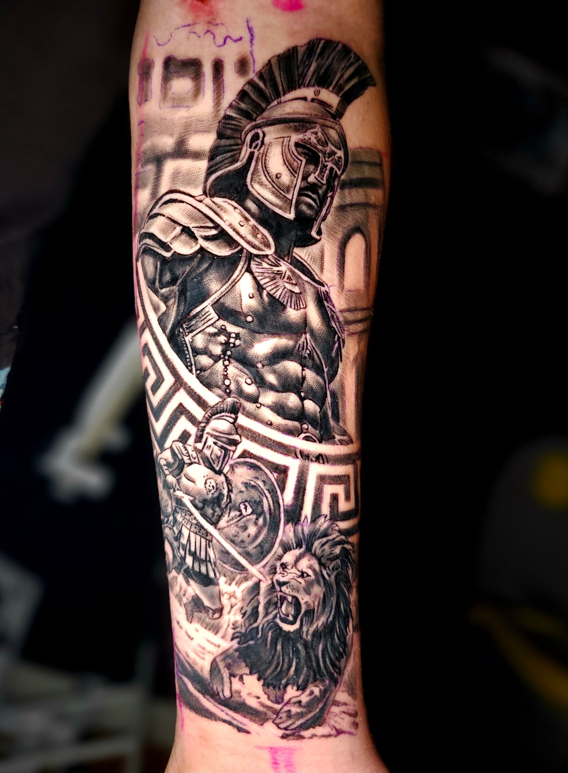 Black and grey tattoo on a forearm featuring a Spartan warrior in armor, a Greek key border, and a roaring lion.