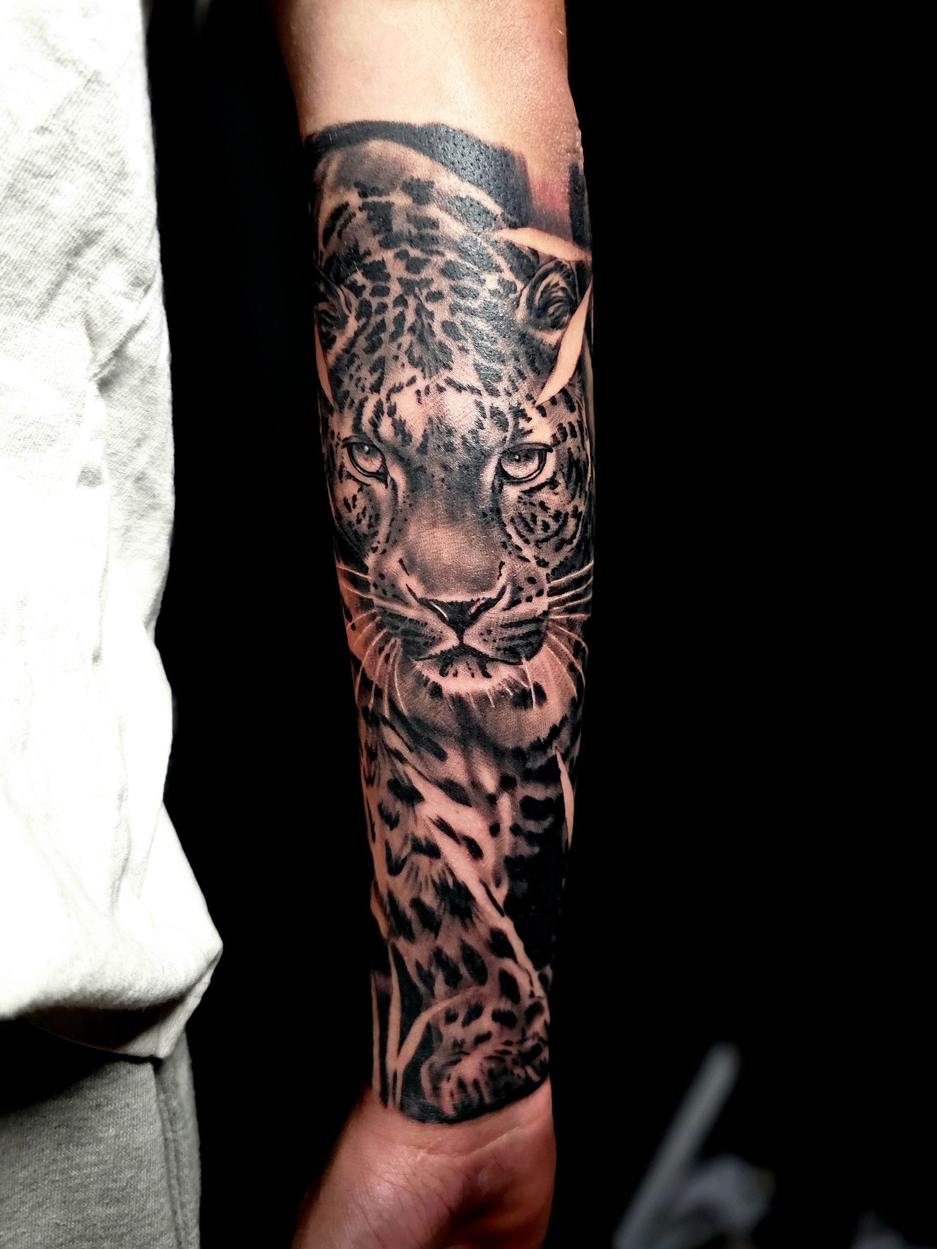 A detailed black-and-grey tattoo of a leopard's face covering the forearm of a person.