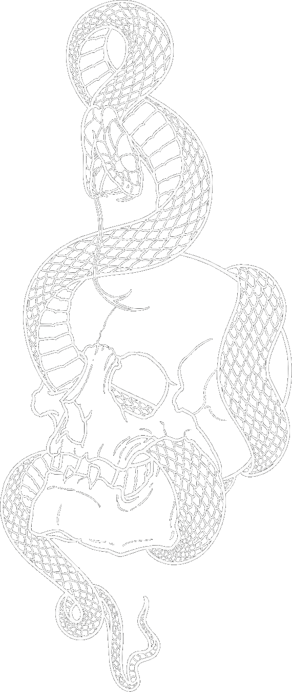 A detailed black line drawing of a snake coiled intricately around a human skull.