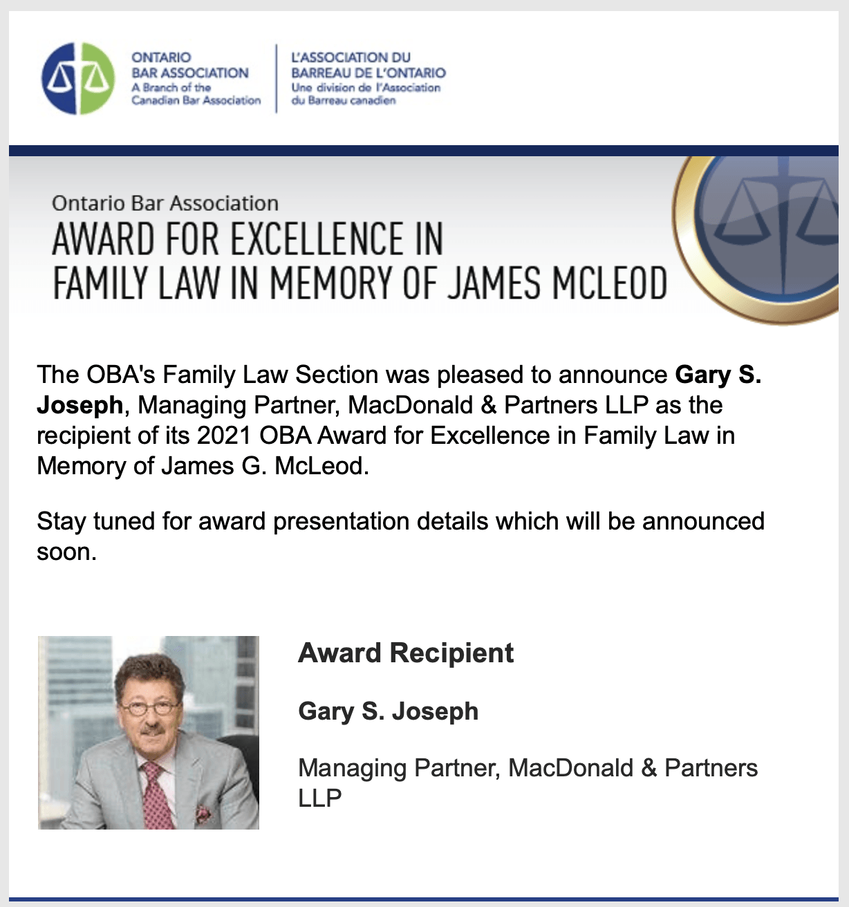 Gary Joseph - award of excellence