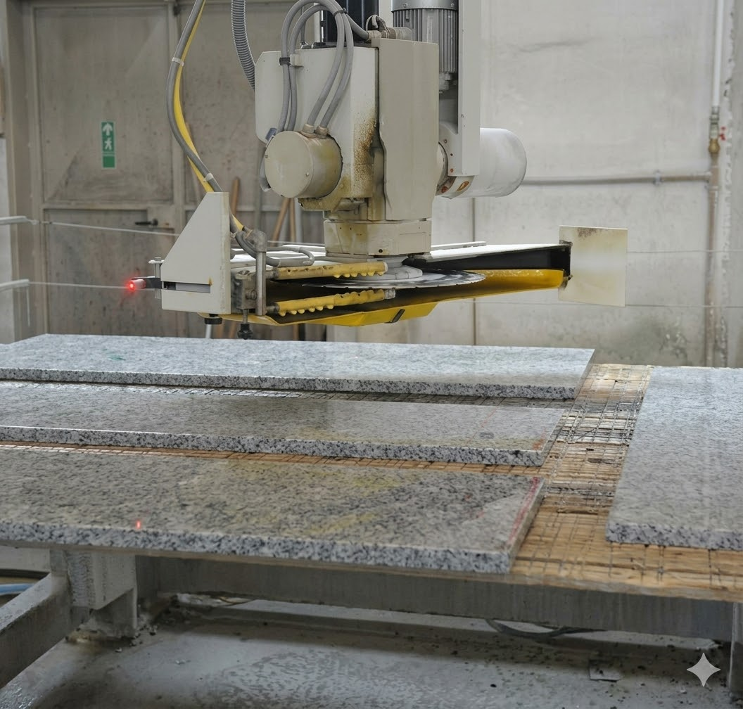 Una sega automatizzata per il taglio della pietra con guida laser che lavora lastre di granito su un banco da officina.