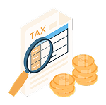 Tax form under magnifying glass next to stacks of coins.