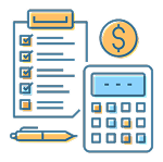 Clipboard, calculator, coin, and pen, representing finance and planning.