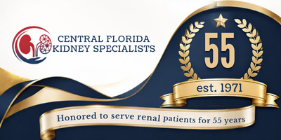 Central Florida Kidney Specialists banner with laurel badge, “55,” and “Honored to serve renal patients for 55 years”