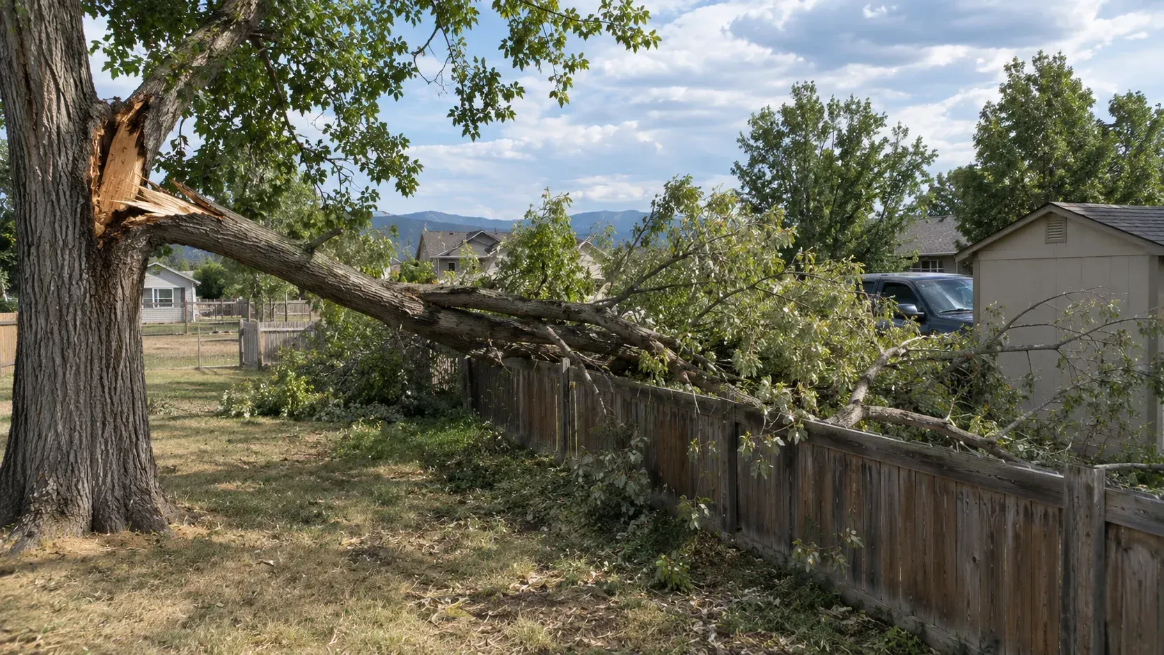 A large fallen tree branch resting over a wooden fence onto a neighbor's property, illustrating can you be held liable if a branch from your tree falls on a neighbor's property in Colorado.