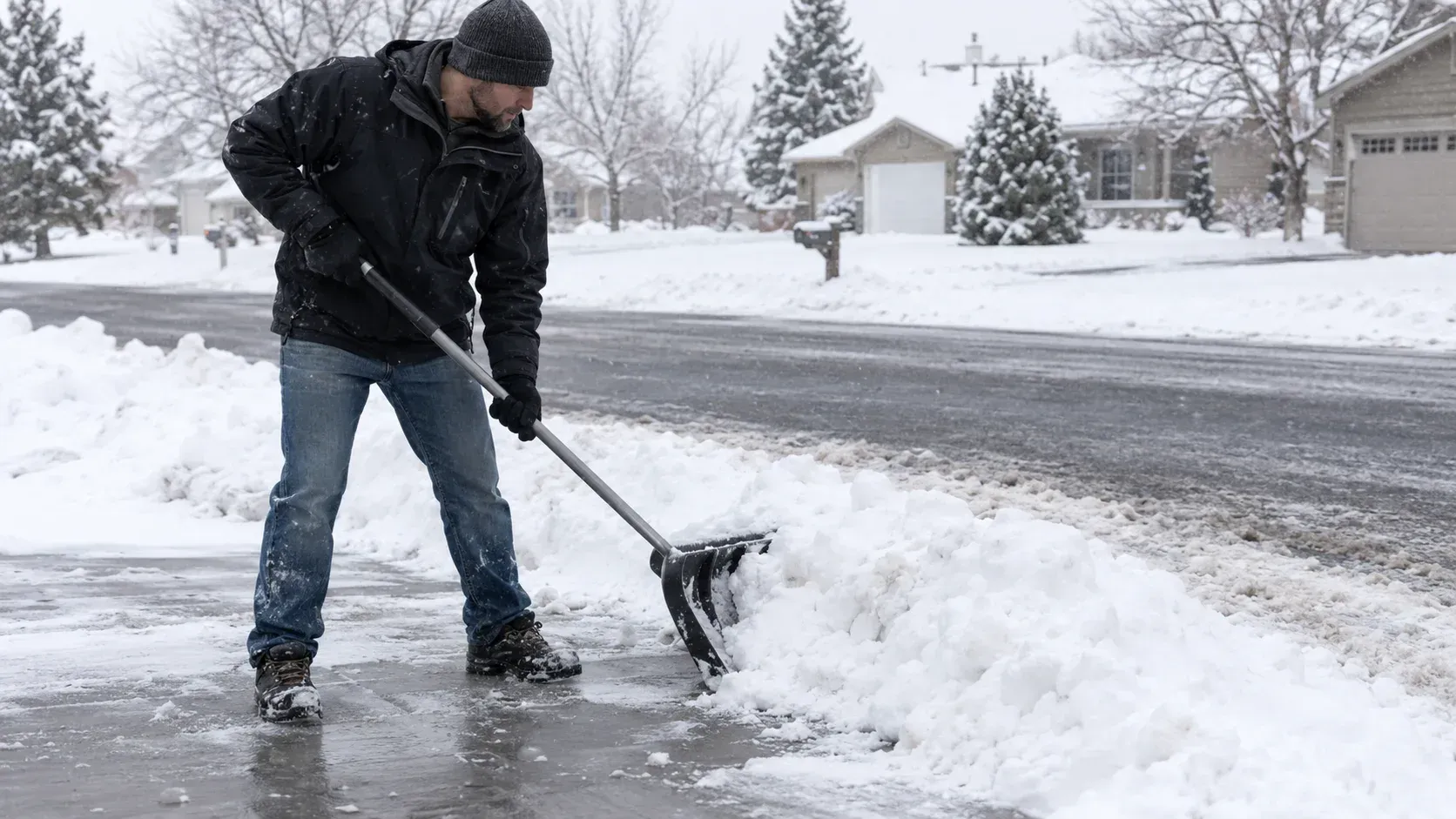 Man shoveling snow off a driveway. Is It Legal to Push Snow Into the Street in El Paso County?