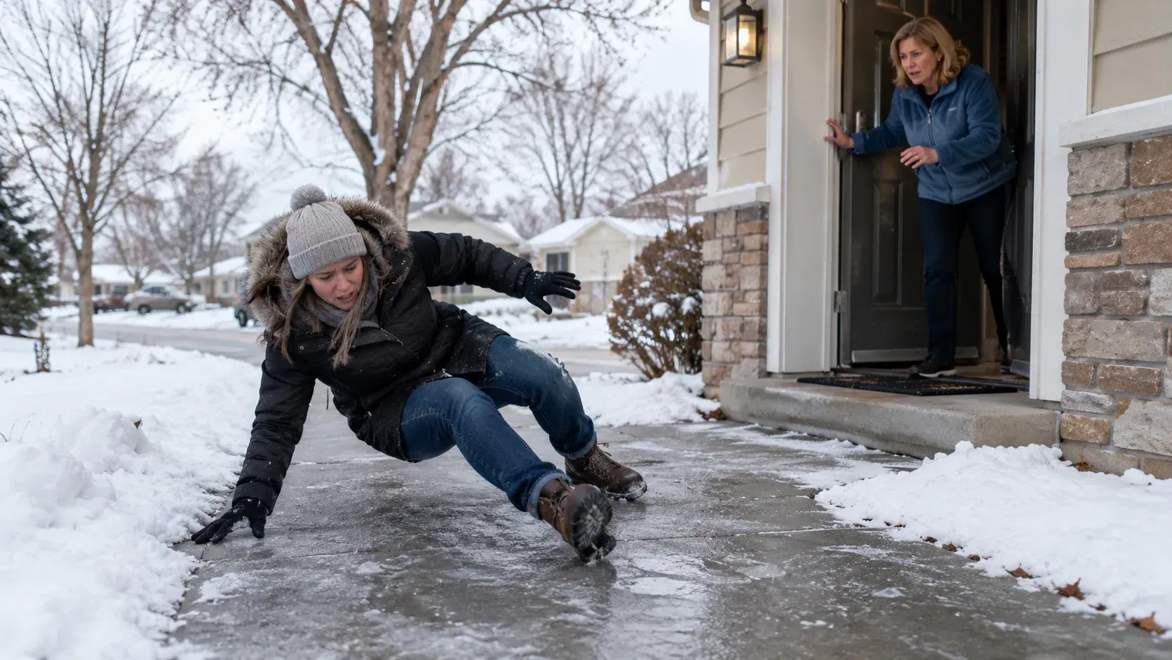Woman falling on an icy sidewalk, illustrating Colorado Springs slip and fall liability.