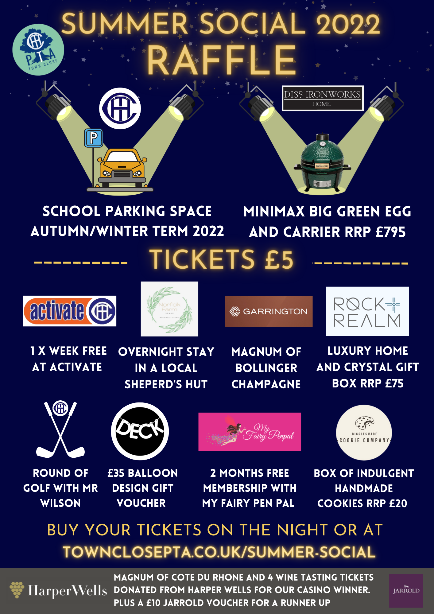 Raffle flyer: Summer social with prizes, including a school parking space, Big Green Egg, and gift vouchers. Tickets £5.