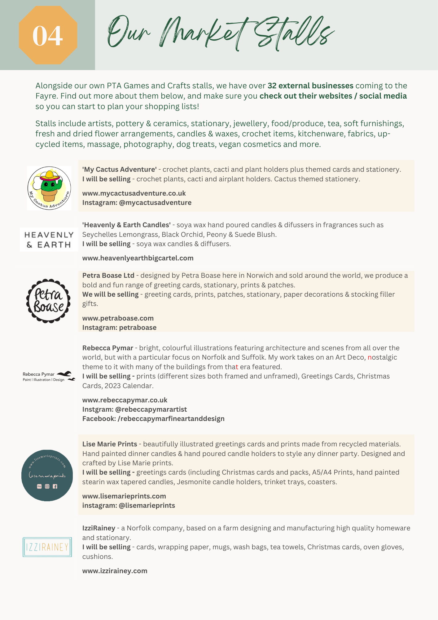 Page listing market stalls with logos, names, and descriptions. Green and cream color scheme.