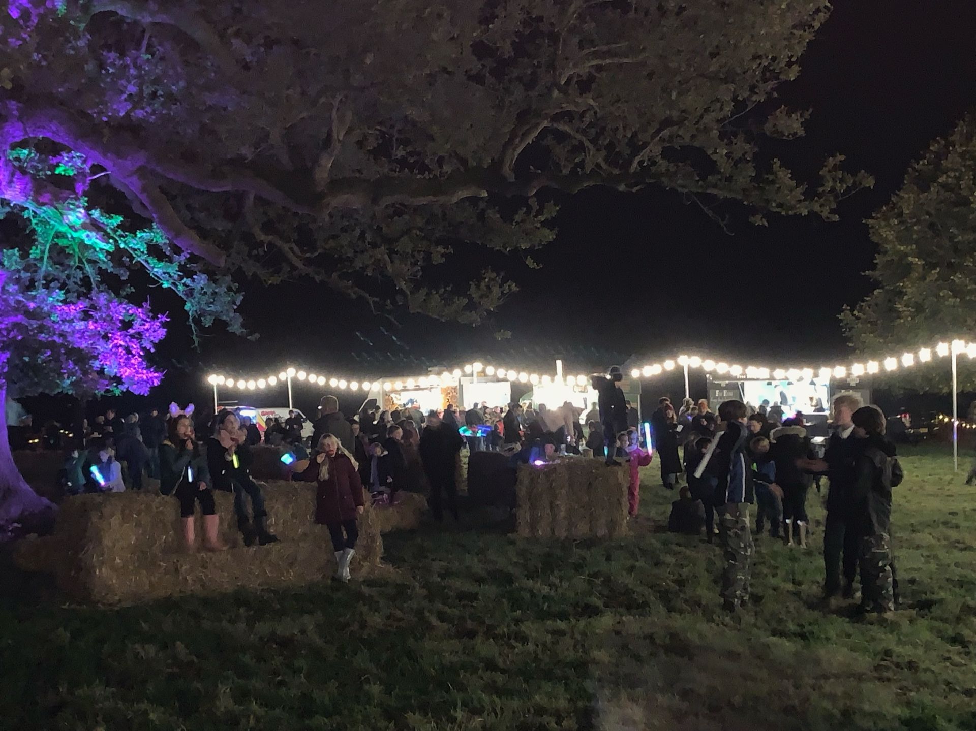 Nighttime outdoor event with illuminated tree, crowd, hay bale seating, and string lights.