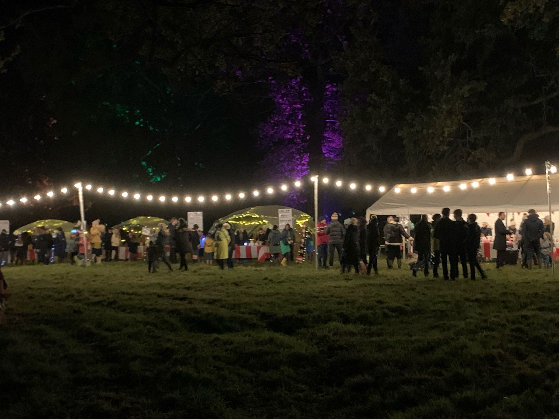 Nighttime outdoor event with string lights, tents, and people in a grassy area.