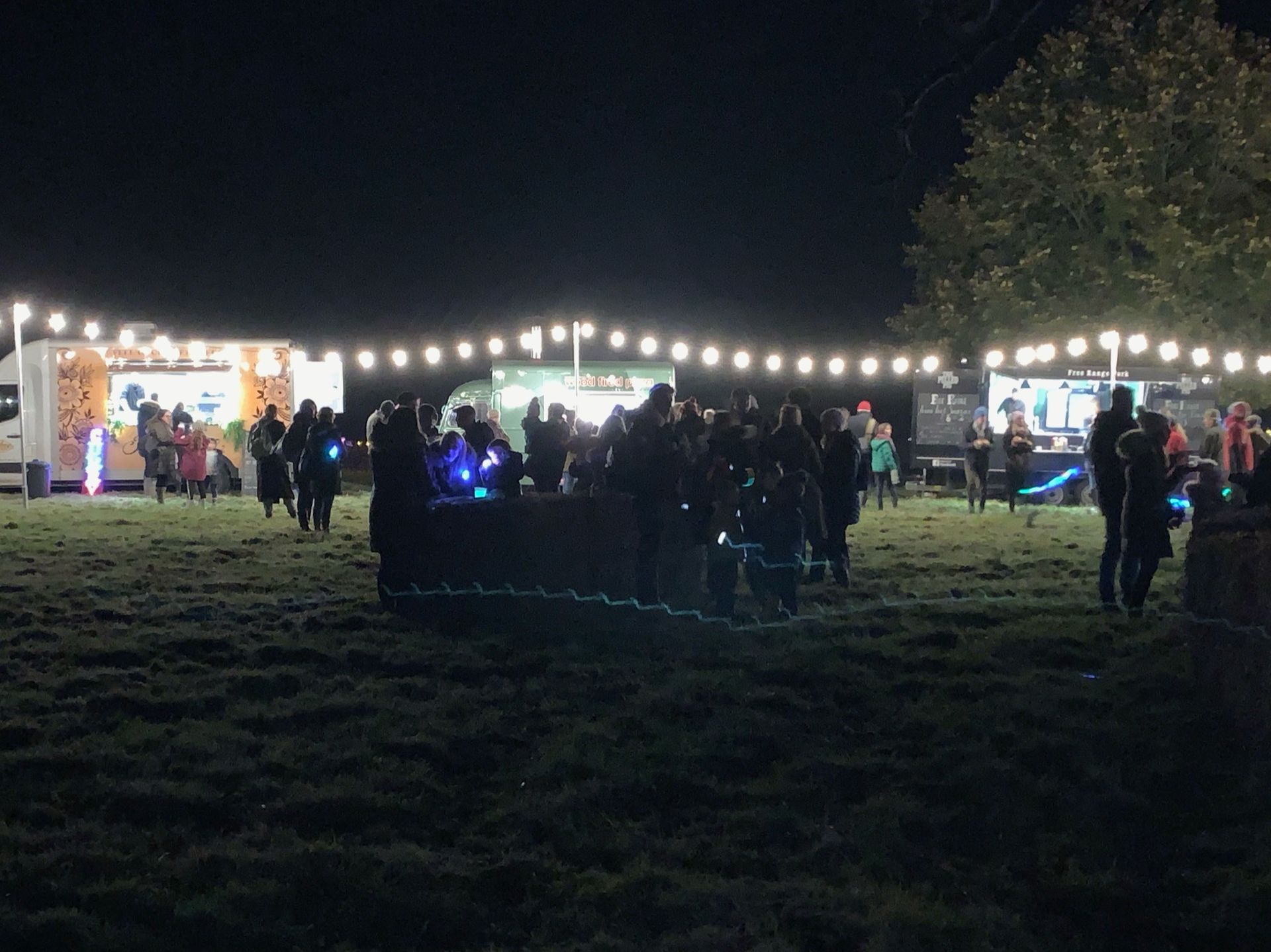 Night scene: Food stalls, a crowd, and strings of lights illuminate a grassy field.