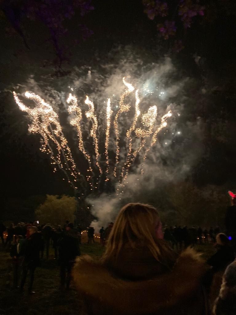 Fireworks explode above a crowd at night, viewed from behind a woman with blonde hair.