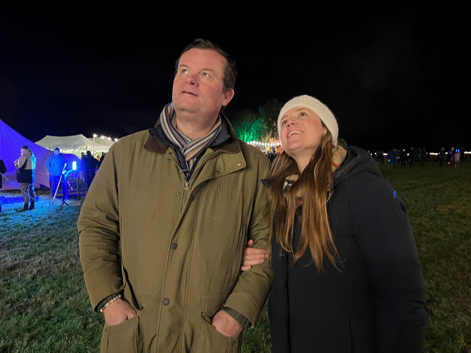 Man and woman looking up at night sky. Man in brown coat, woman in black coat and white hat. Outdoor setting.