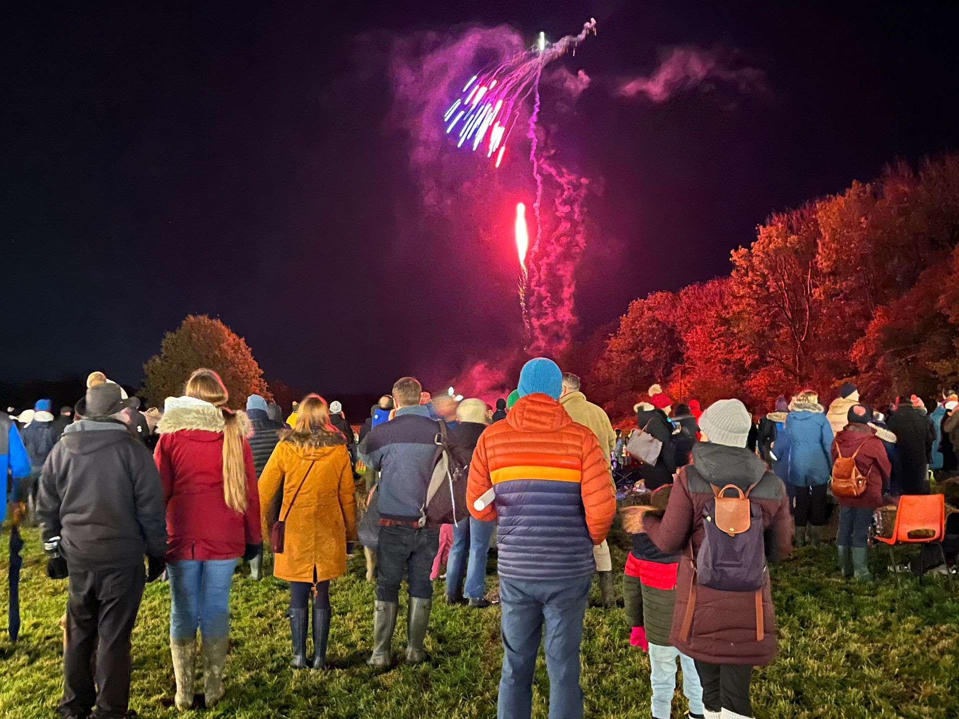 People watch fireworks at night in a field, silhouetted against colorful explosions.