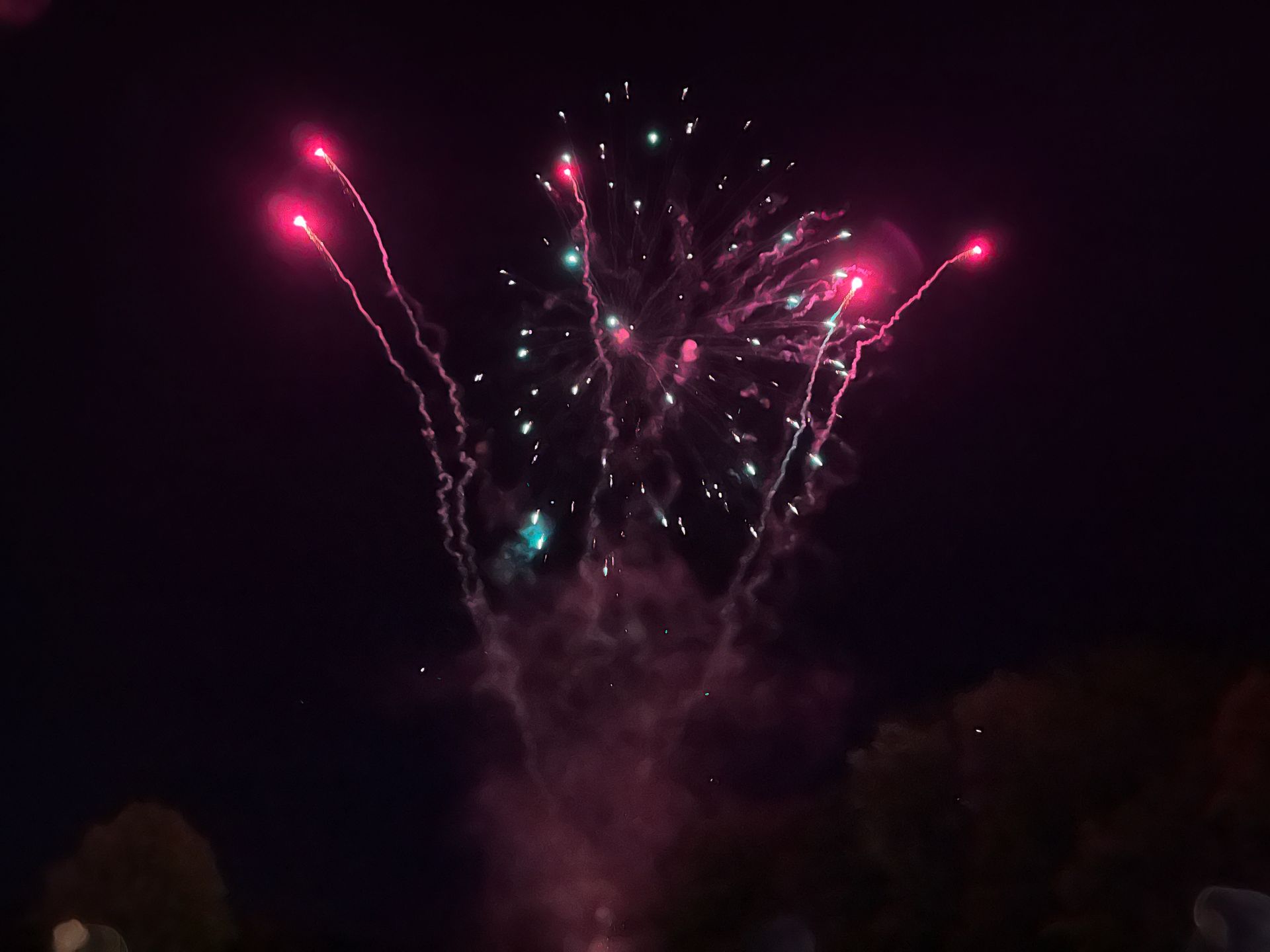 Fireworks in a dark night sky. Pink and green bursts with smoky trails.