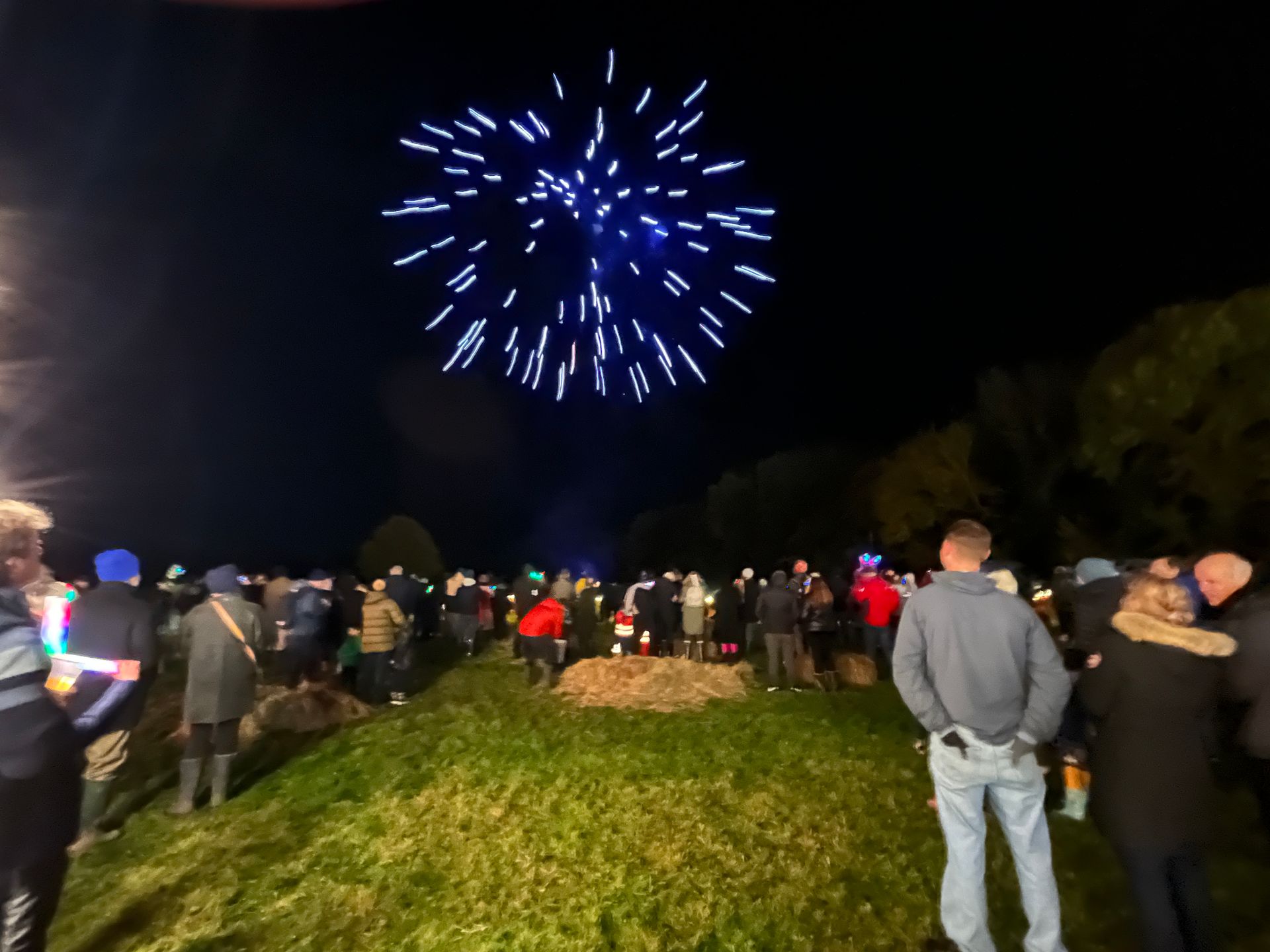 People watching a blue fireworks display over a bonfire in a grassy field at night.