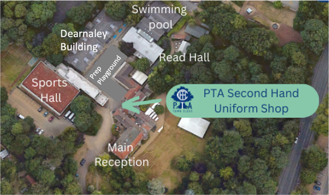 Aerial view of a school complex, including sports hall, swimming pool, and PTA second-hand uniform shop.