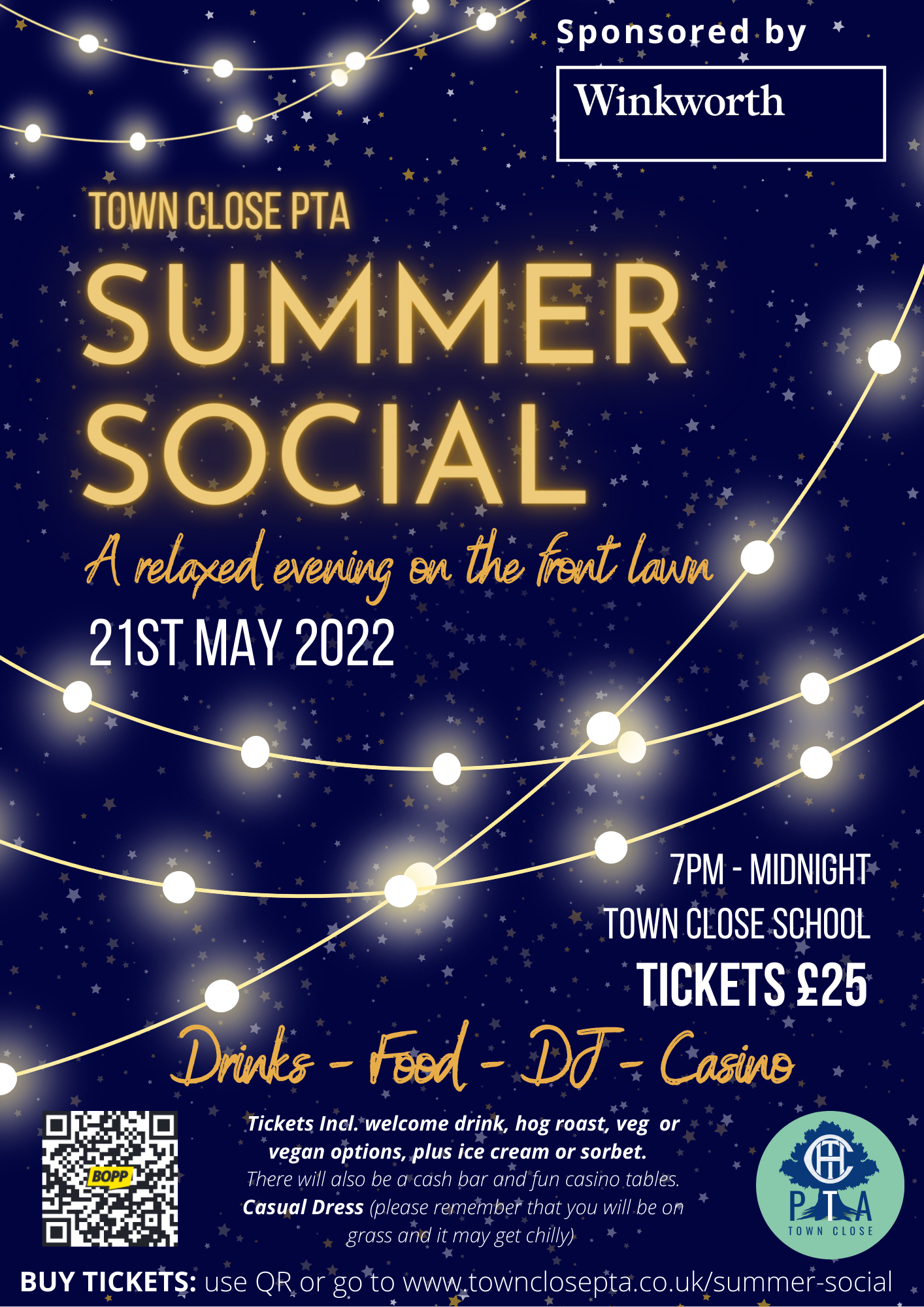 Poster for Town Close PTA Summer Social, featuring string lights, navy background. Tickets £25.
