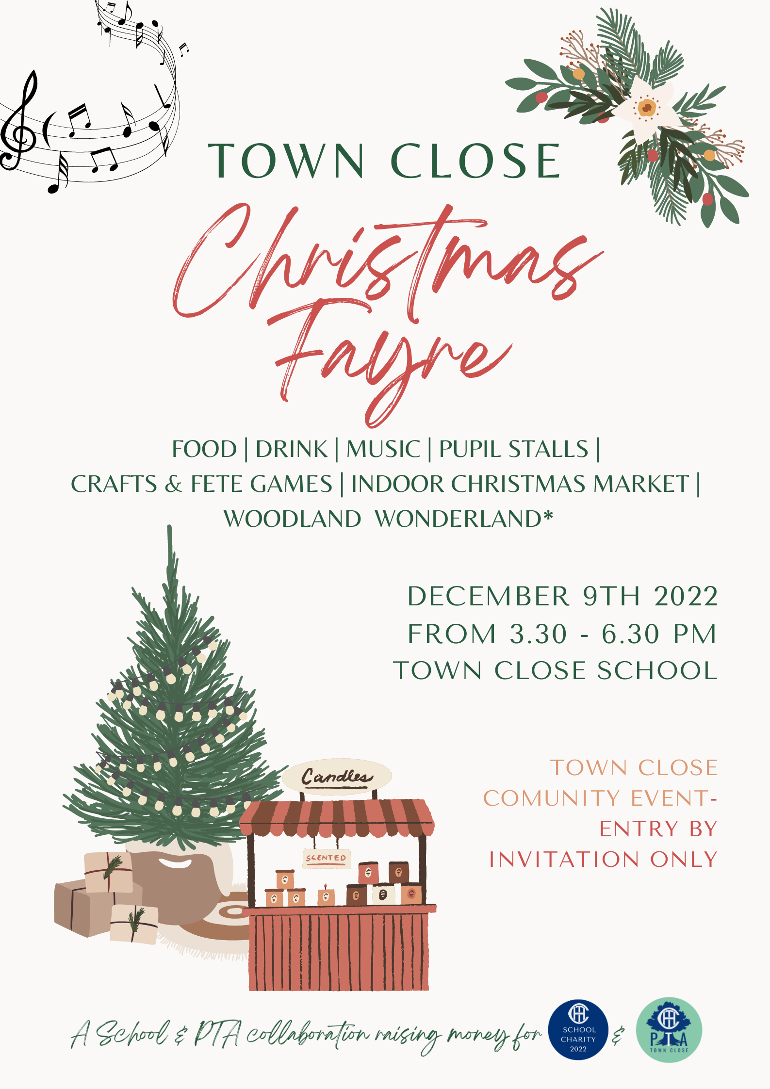 Christmas Fayre poster: Town Close, food, music, crafts. Saturday 2nd, 3-6 pm. Green tree, market stall, festive.