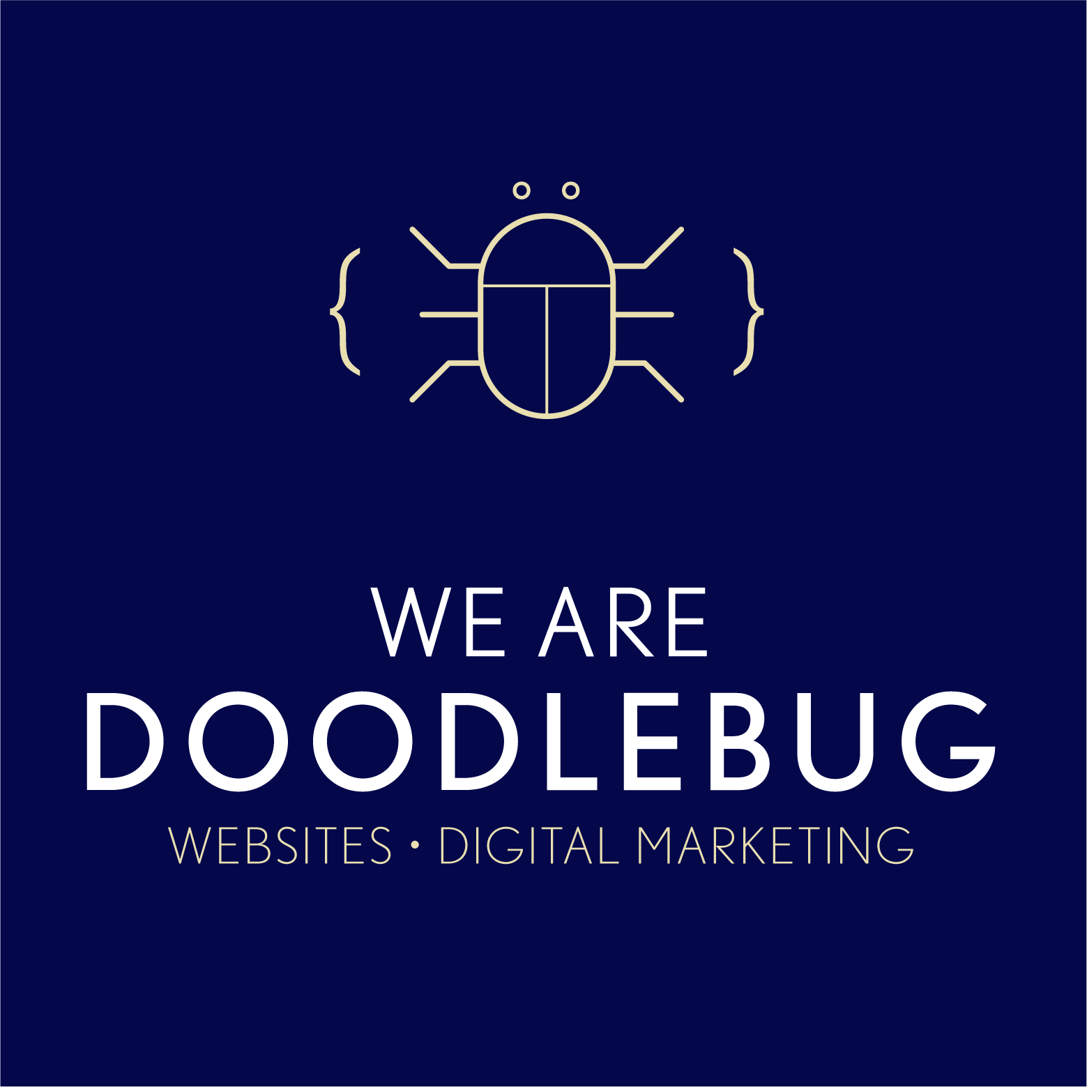 Dark blue logo with a bug icon and text:
